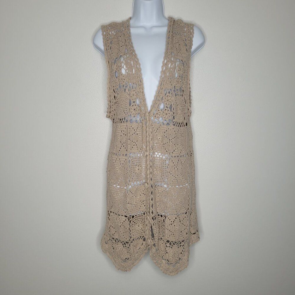 tan open knit crochet button front long length hippie festival grandmacore vest